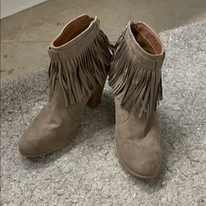 Tan suede fringe booties
